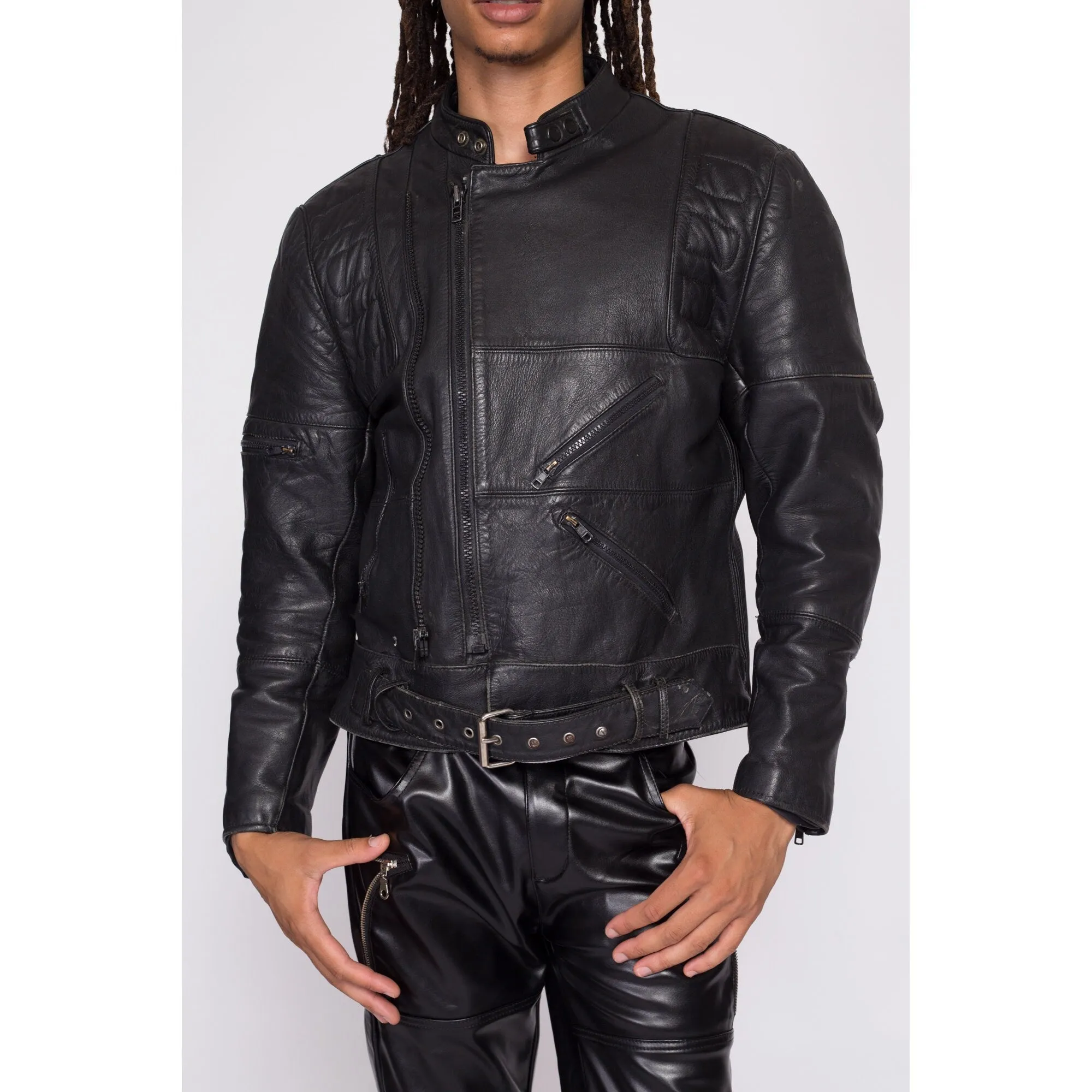 90s Wilsons Black Leather Padded Moto Jacket - Men's Large, Size 44