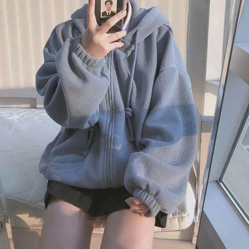 Cute Korean Blue Loose Hoodie