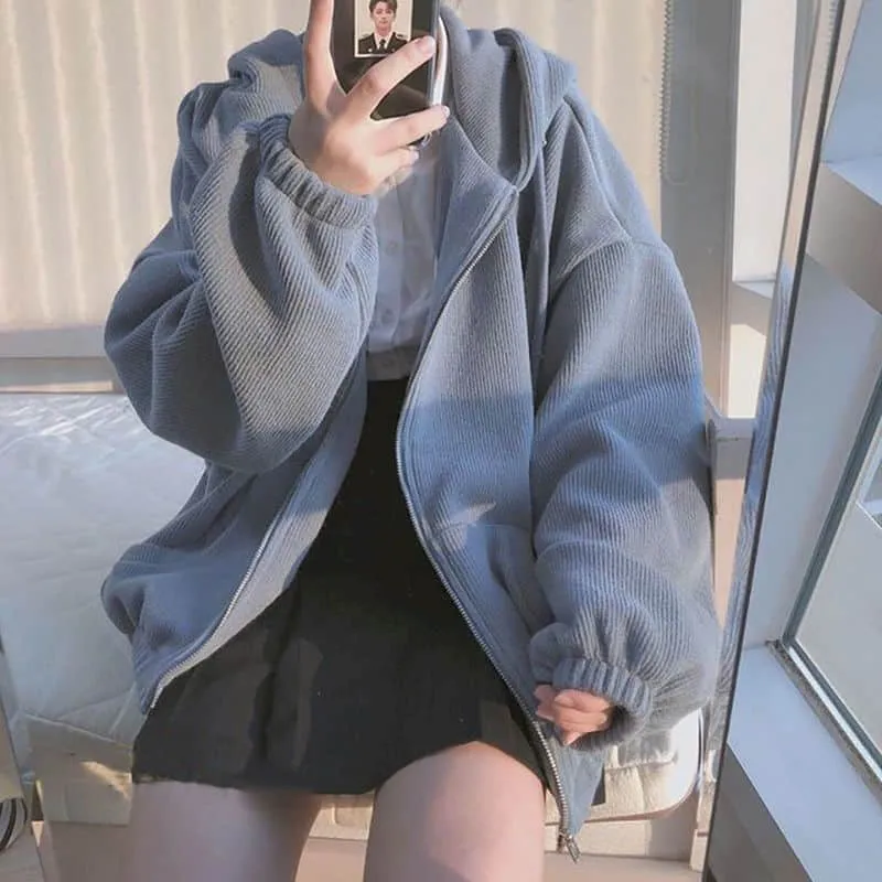 Cute Korean Blue Loose Hoodie