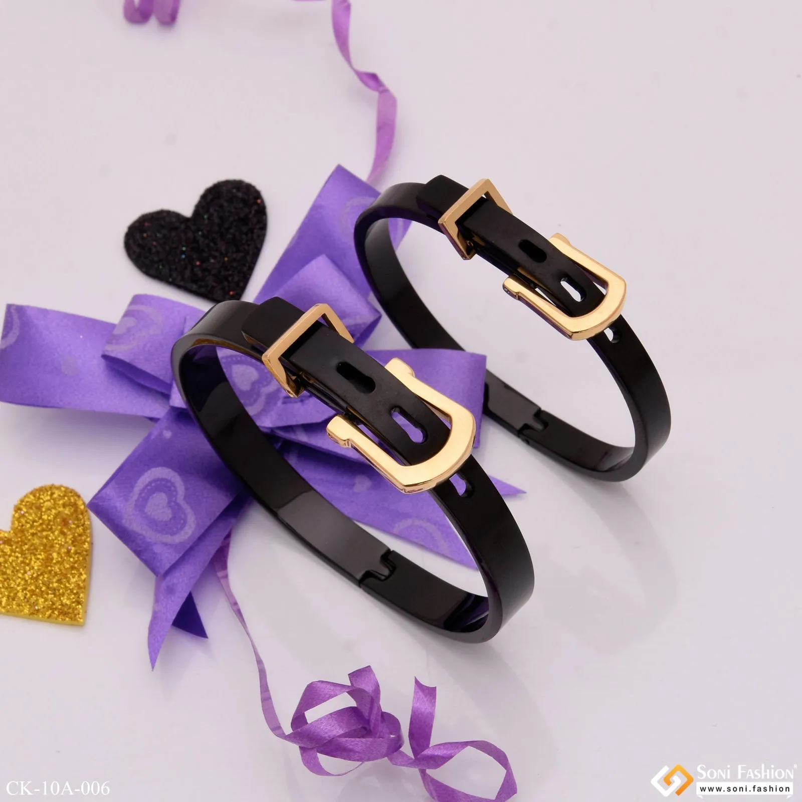 Eye-catching Design Belt Black & Golden Color Couple Kada - Style A006