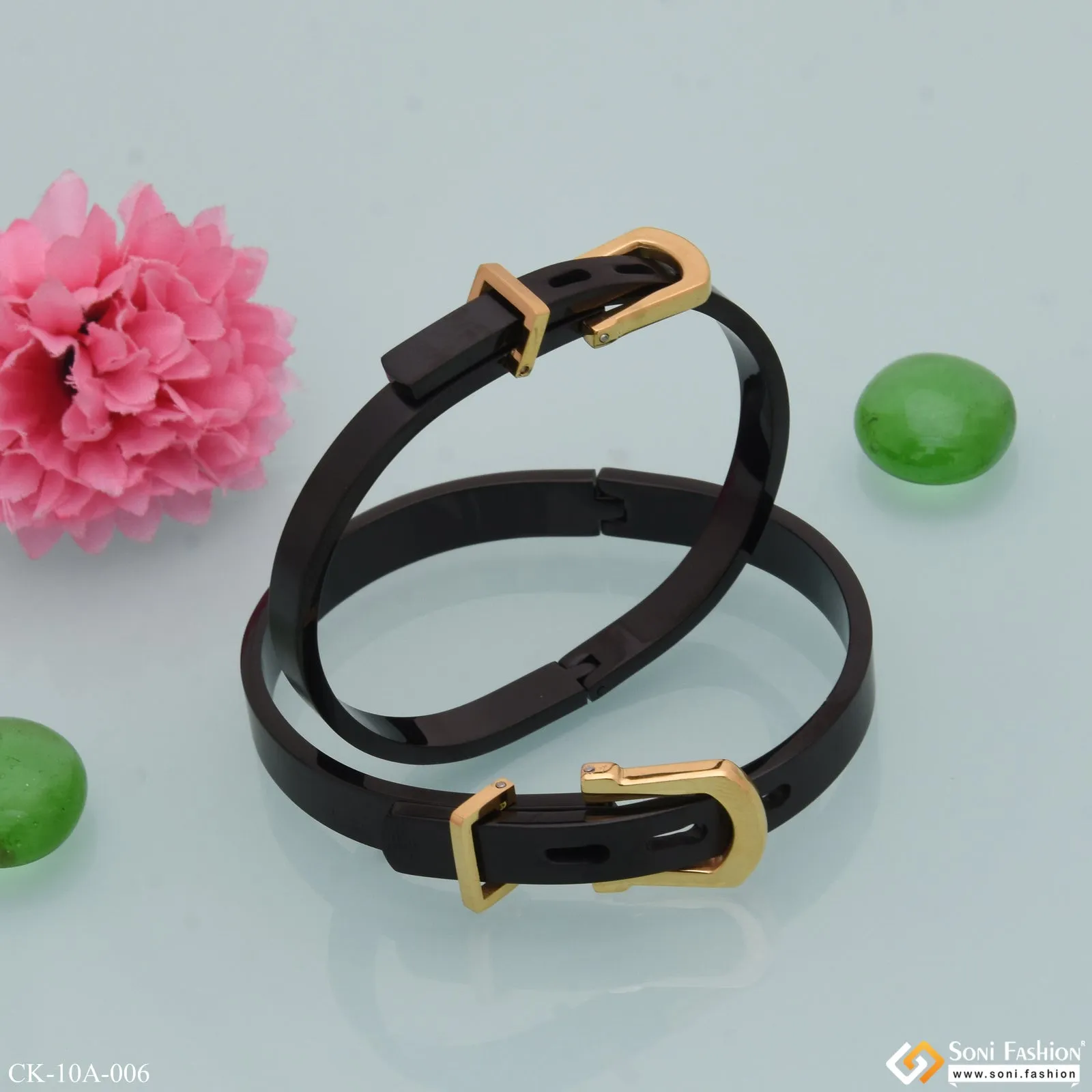 Eye-catching Design Belt Black & Golden Color Couple Kada - Style A006