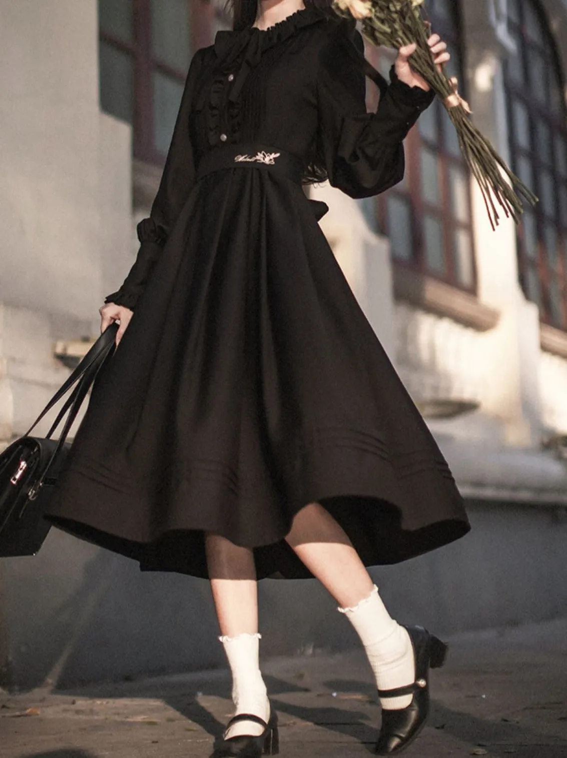 Lantern Jacket Red Suit Sleeve Elegant Ruffle Tie Black Short Dress Ribbon Retro