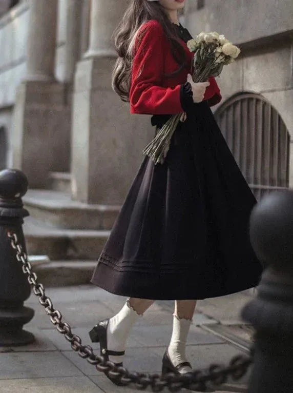 Lantern Jacket Red Suit Sleeve Elegant Ruffle Tie Black Short Dress Ribbon Retro