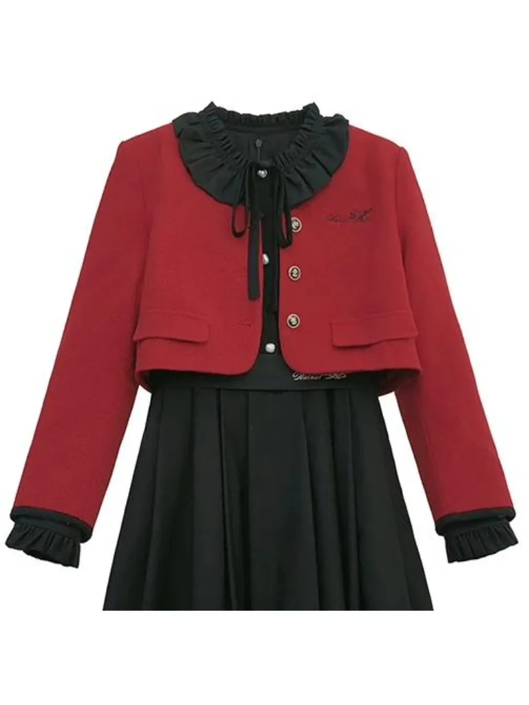 Lantern Jacket Red Suit Sleeve Elegant Ruffle Tie Black Short Dress Ribbon Retro