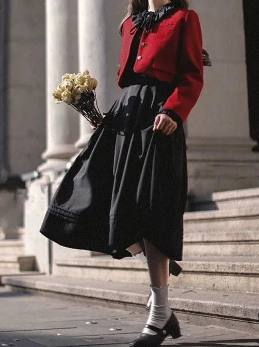 Lantern Jacket Red Suit Sleeve Elegant Ruffle Tie Black Short Dress Ribbon Retro