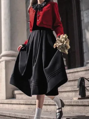 Lantern Jacket Red Suit Sleeve Elegant Ruffle Tie Black Short Dress Ribbon Retro