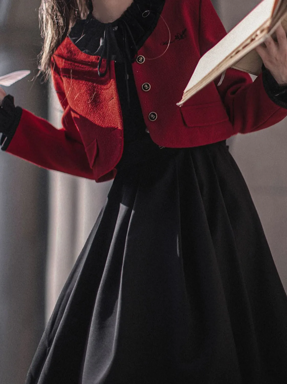 Lantern Jacket Red Suit Sleeve Elegant Ruffle Tie Black Short Dress Ribbon Retro