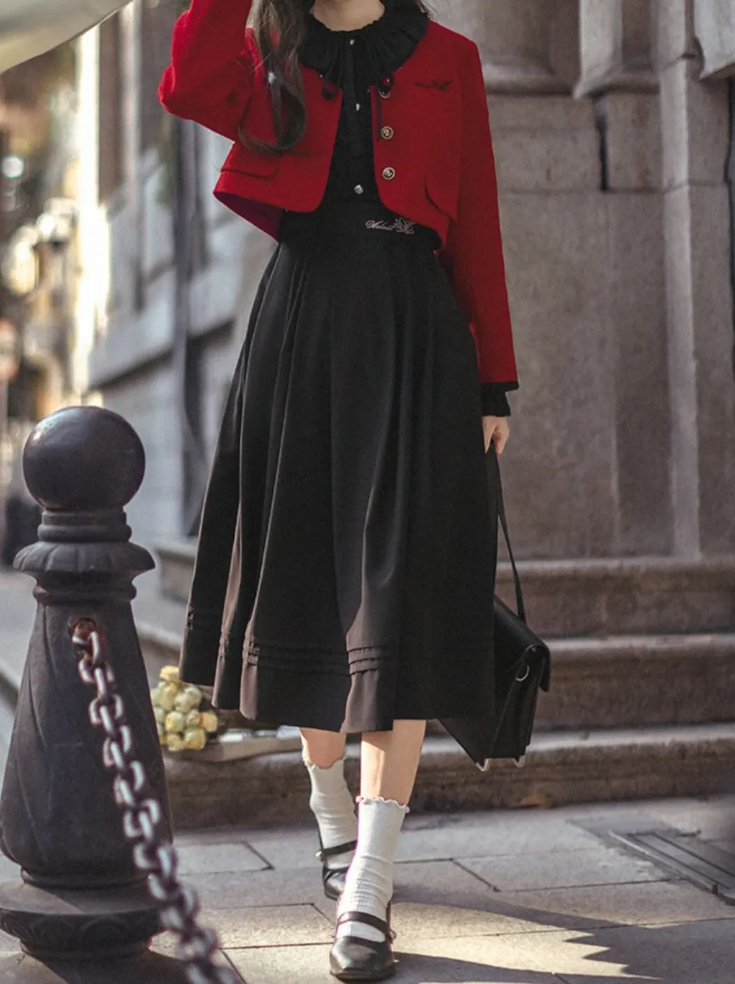 Lantern Jacket Red Suit Sleeve Elegant Ruffle Tie Black Short Dress Ribbon Retro