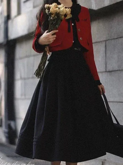 Lantern Jacket Red Suit Sleeve Elegant Ruffle Tie Black Short Dress Ribbon Retro