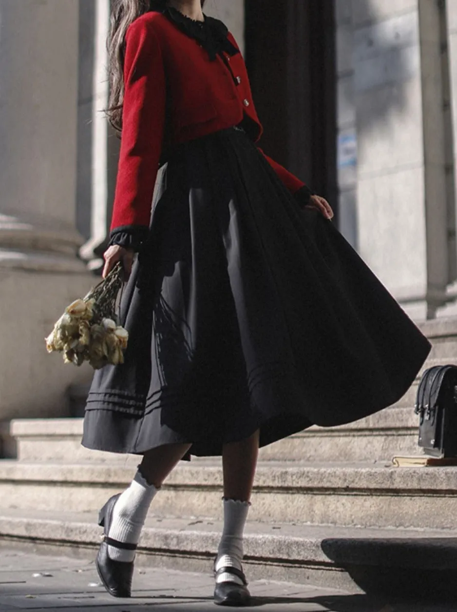 Lantern Jacket Red Suit Sleeve Elegant Ruffle Tie Black Short Dress Ribbon Retro