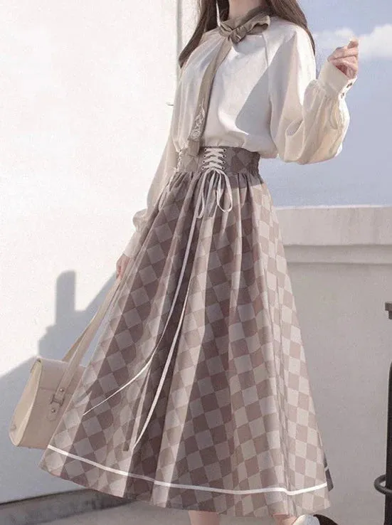 Rose Skirt Retro   Brooch Jacket Bow Shirt Tie French Check Short Suit Lace-Up