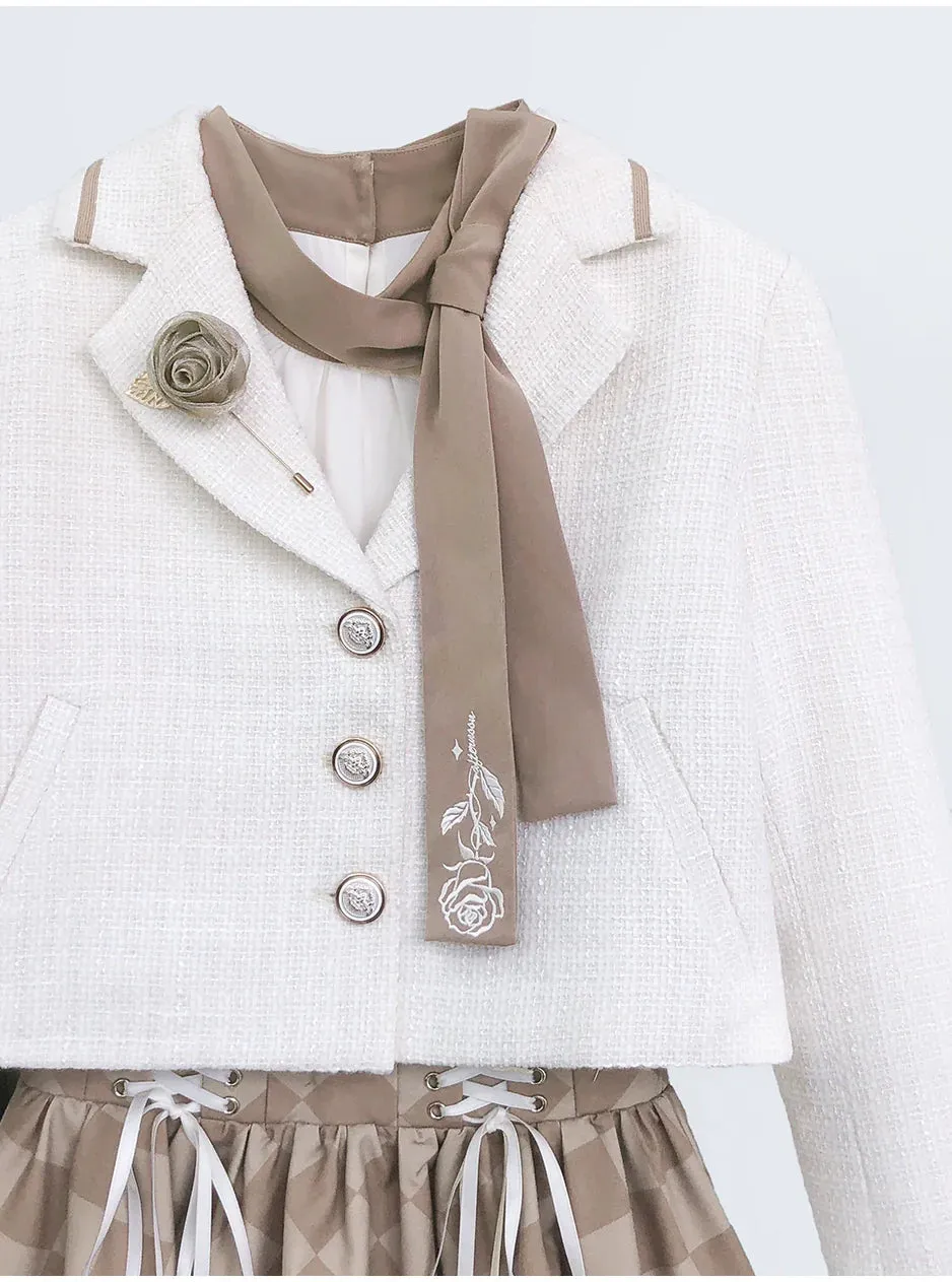 Rose Skirt Retro   Brooch Jacket Bow Shirt Tie French Check Short Suit Lace-Up