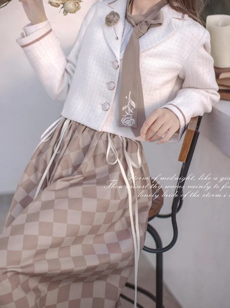 Rose Skirt Retro   Brooch Jacket Bow Shirt Tie French Check Short Suit Lace-Up