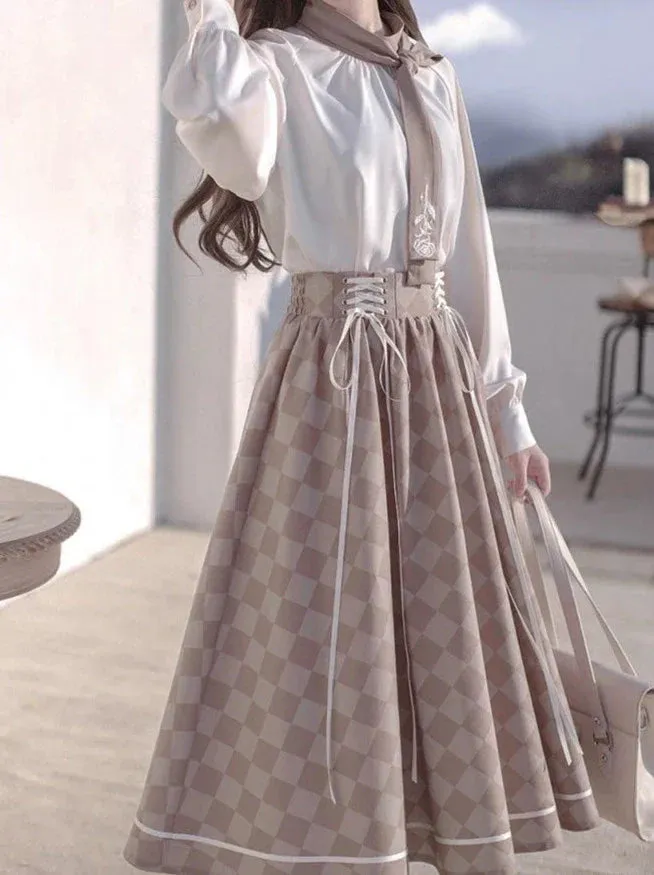 Rose Skirt Retro   Brooch Jacket Bow Shirt Tie French Check Short Suit Lace-Up