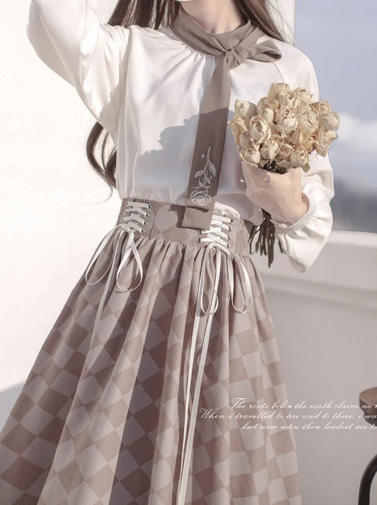 Rose Skirt Retro   Brooch Jacket Bow Shirt Tie French Check Short Suit Lace-Up