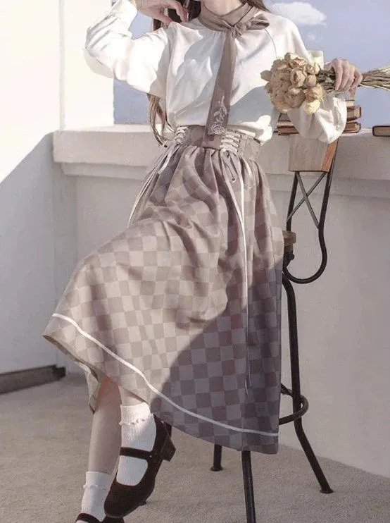 Rose Skirt Retro   Brooch Jacket Bow Shirt Tie French Check Short Suit Lace-Up