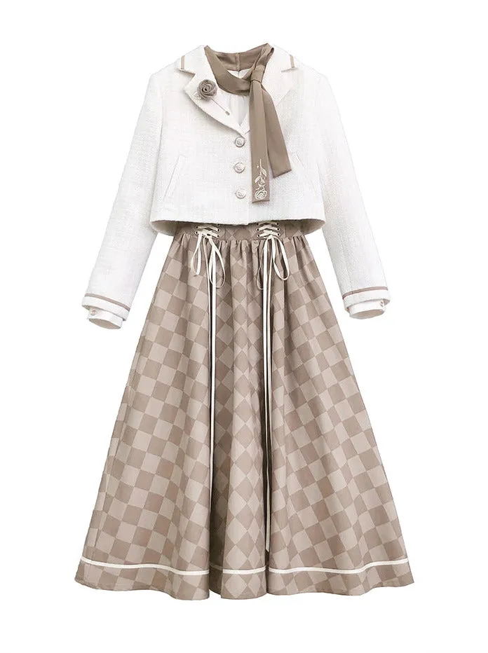 Rose Skirt Retro   Brooch Jacket Bow Shirt Tie French Check Short Suit Lace-Up