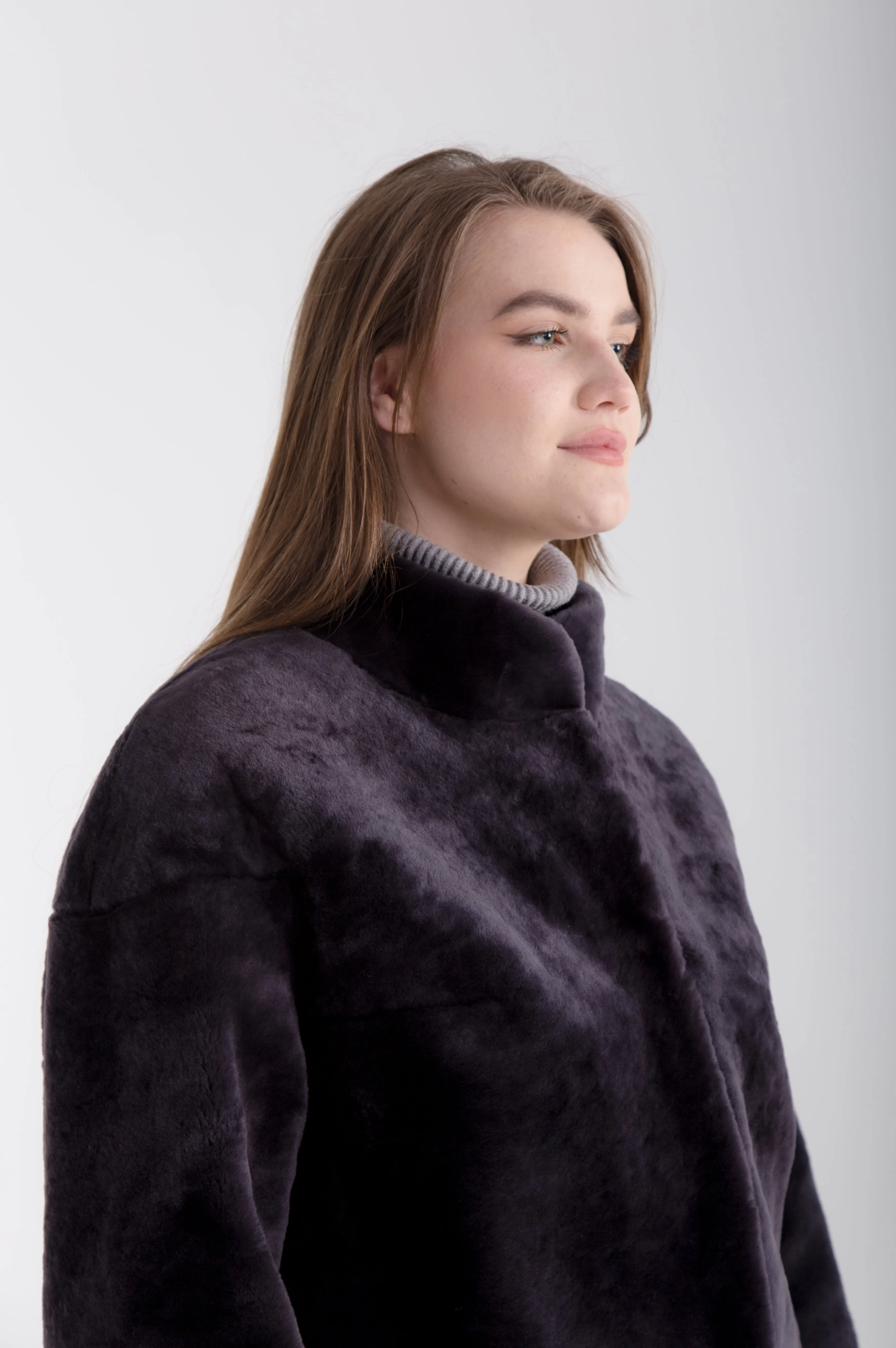 Silky Womens Genuine Shearling Lambskin Jacket with Stand Collar