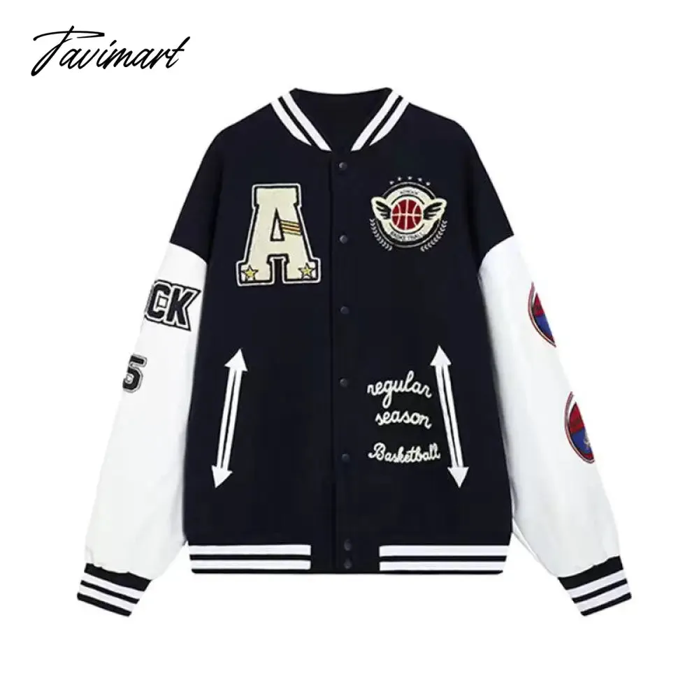 Tavimart Letter embroidery flocking baseball uniform basketball couple retro plus velvet padded street PU leather stitching trendy jacket