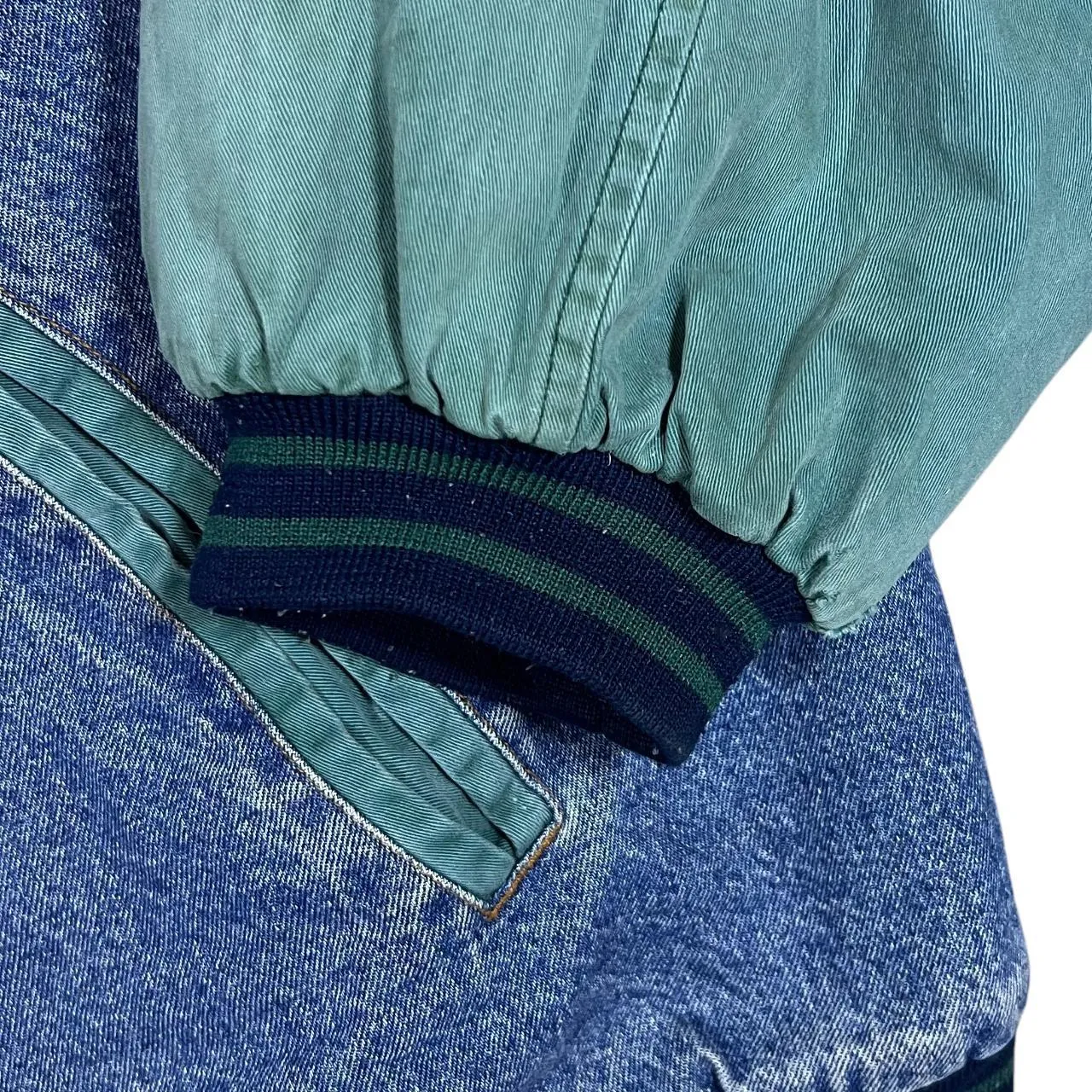 Vintage 90's NORTH CREST Blue Denim Contrast Green Sleeve Padded Bomber Varsity Jacket