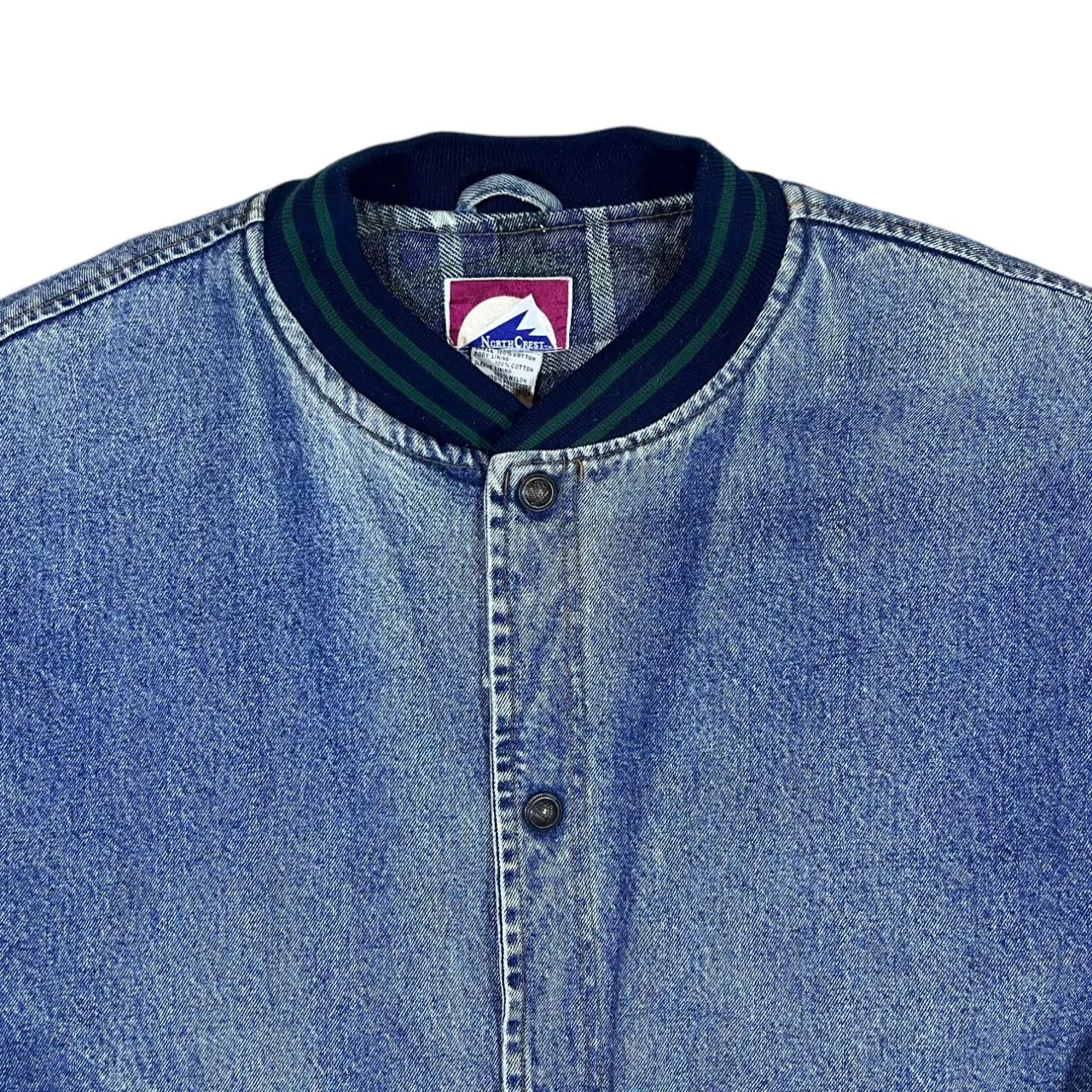 Vintage 90's NORTH CREST Blue Denim Contrast Green Sleeve Padded Bomber Varsity Jacket