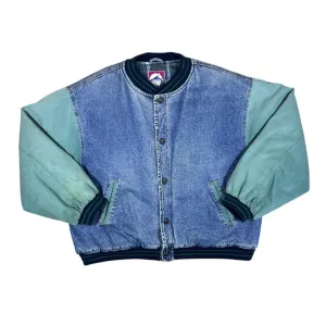 Vintage 90's NORTH CREST Blue Denim Contrast Green Sleeve Padded Bomber Varsity Jacket