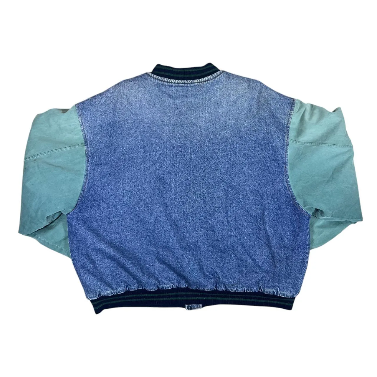 Vintage 90's NORTH CREST Blue Denim Contrast Green Sleeve Padded Bomber Varsity Jacket