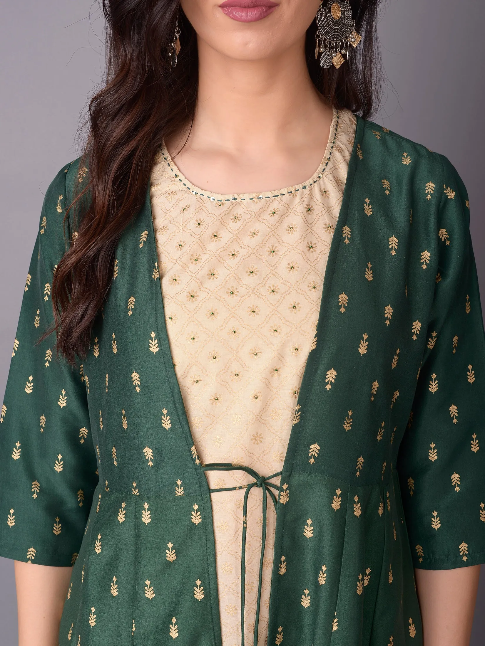 Women Green Floral Printed Dress With Jacket